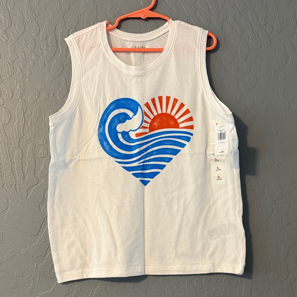 Old Navy White Tank Top with Blue and Red Heart Wave Design